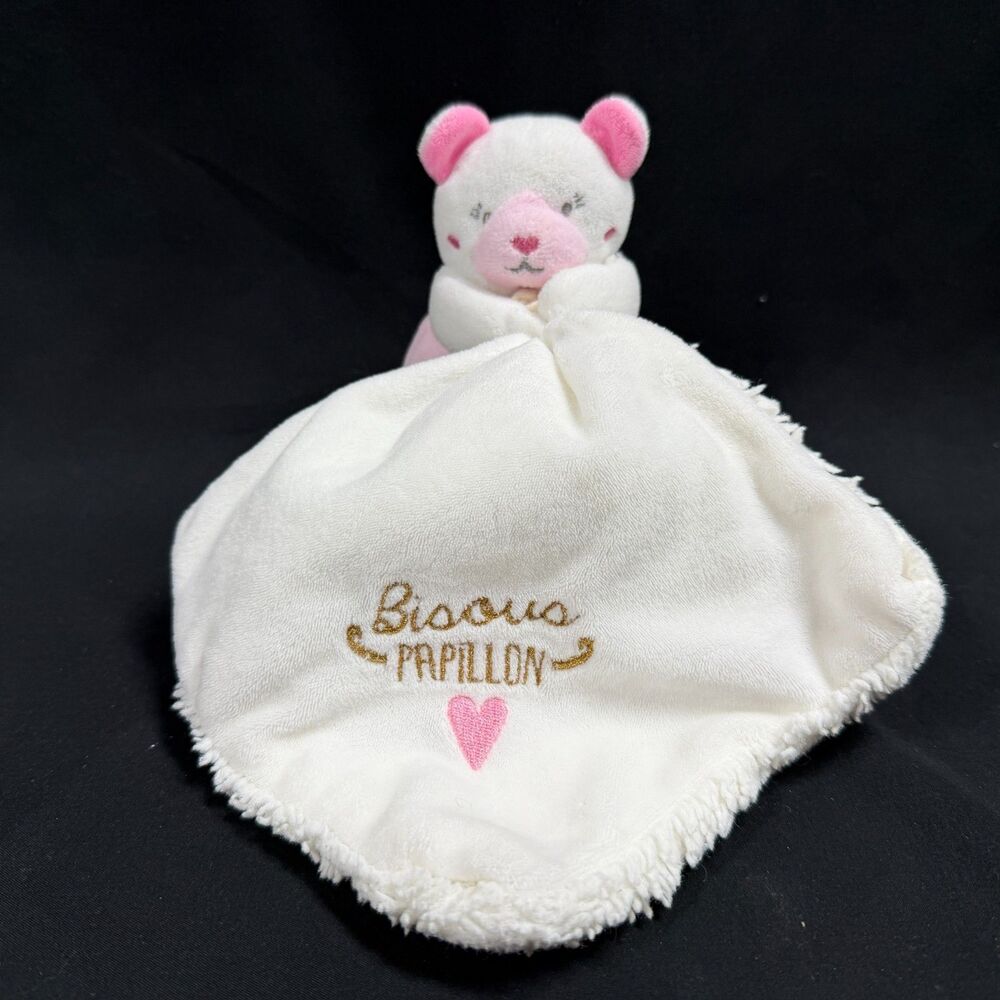 Doudou et Compagnie Bisou Papillon Chat Rose White Cat Security Blanket Plush